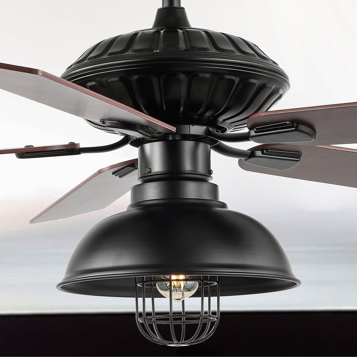Ashton 52" 1-Light Farmhouse Industrial Iron Dome Shade LED Ceiling Fan With Remote, Black by JONATHAN Y