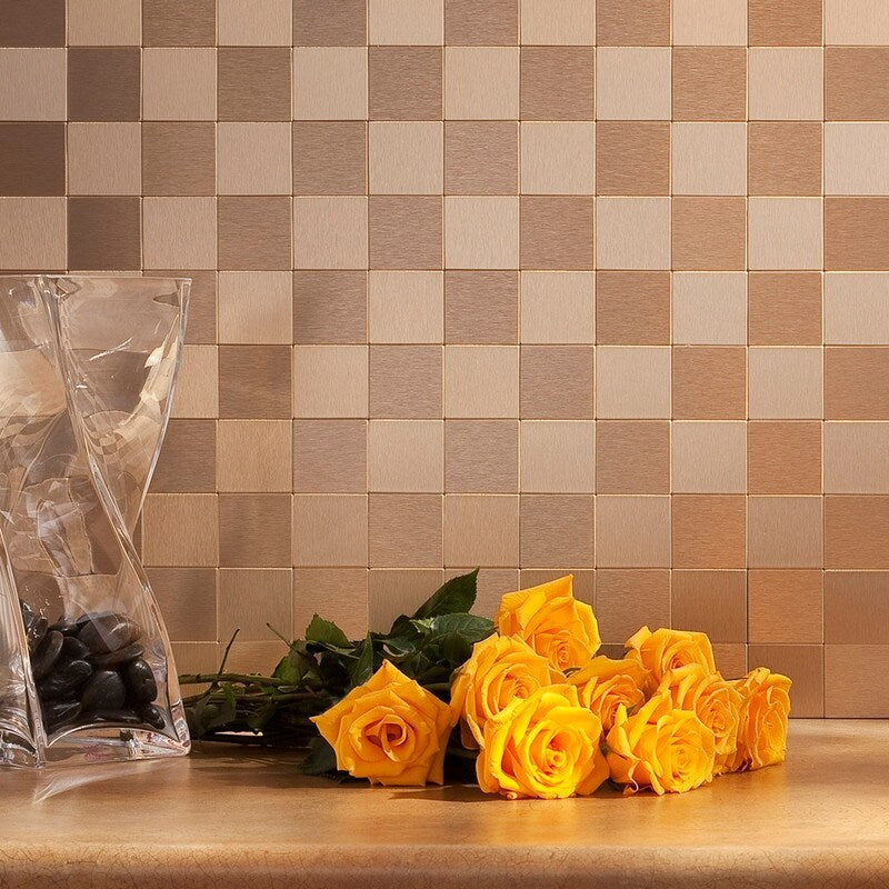 Aspect Peel and Stick Backsplash 12in x 4in Square Champagne Matted Metal Tile (3-Pack)