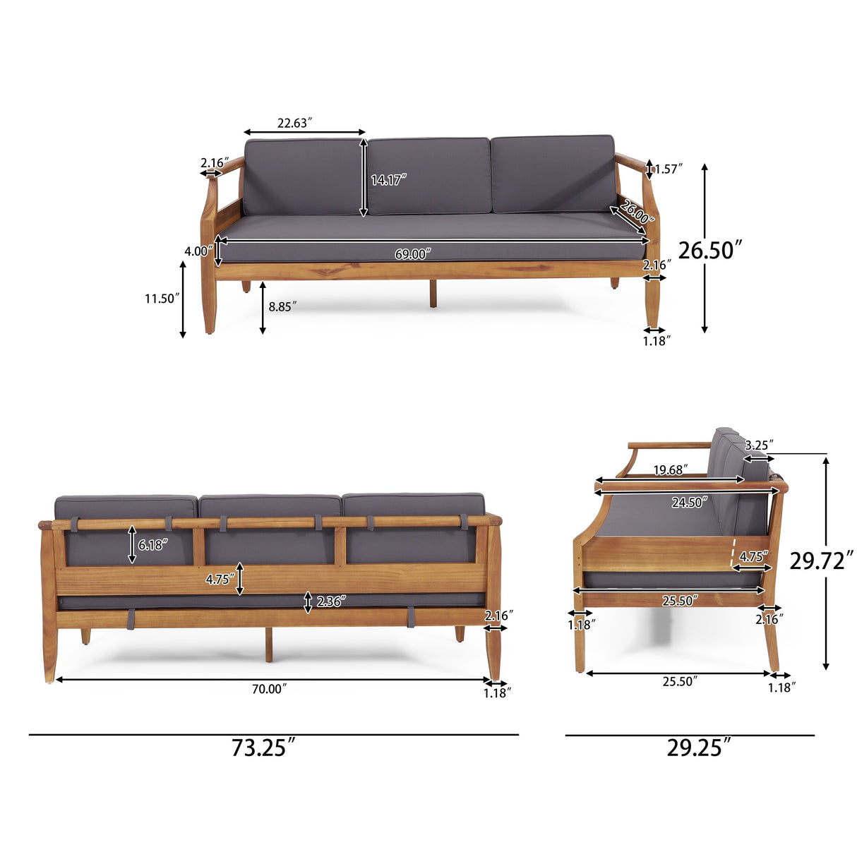 Aston Outdoor Outdoor Acacia Wood 3 Seater Sofa Chat Set with Ottoman by Christopher Knight Home