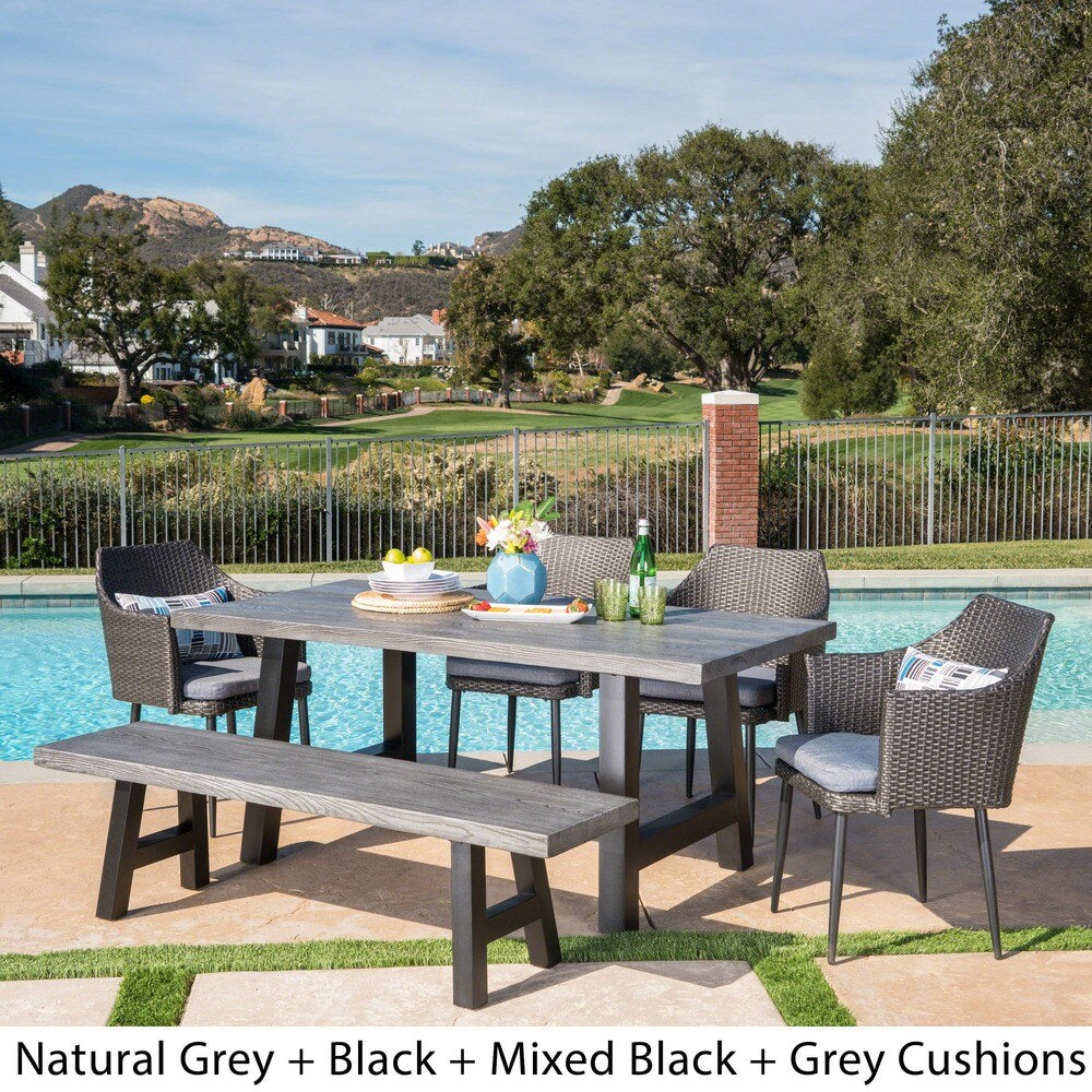 Atina Outdoor Rectangle Light-Weight Concrete Wicker Dining Set with Cushions by Christopher Knight Home