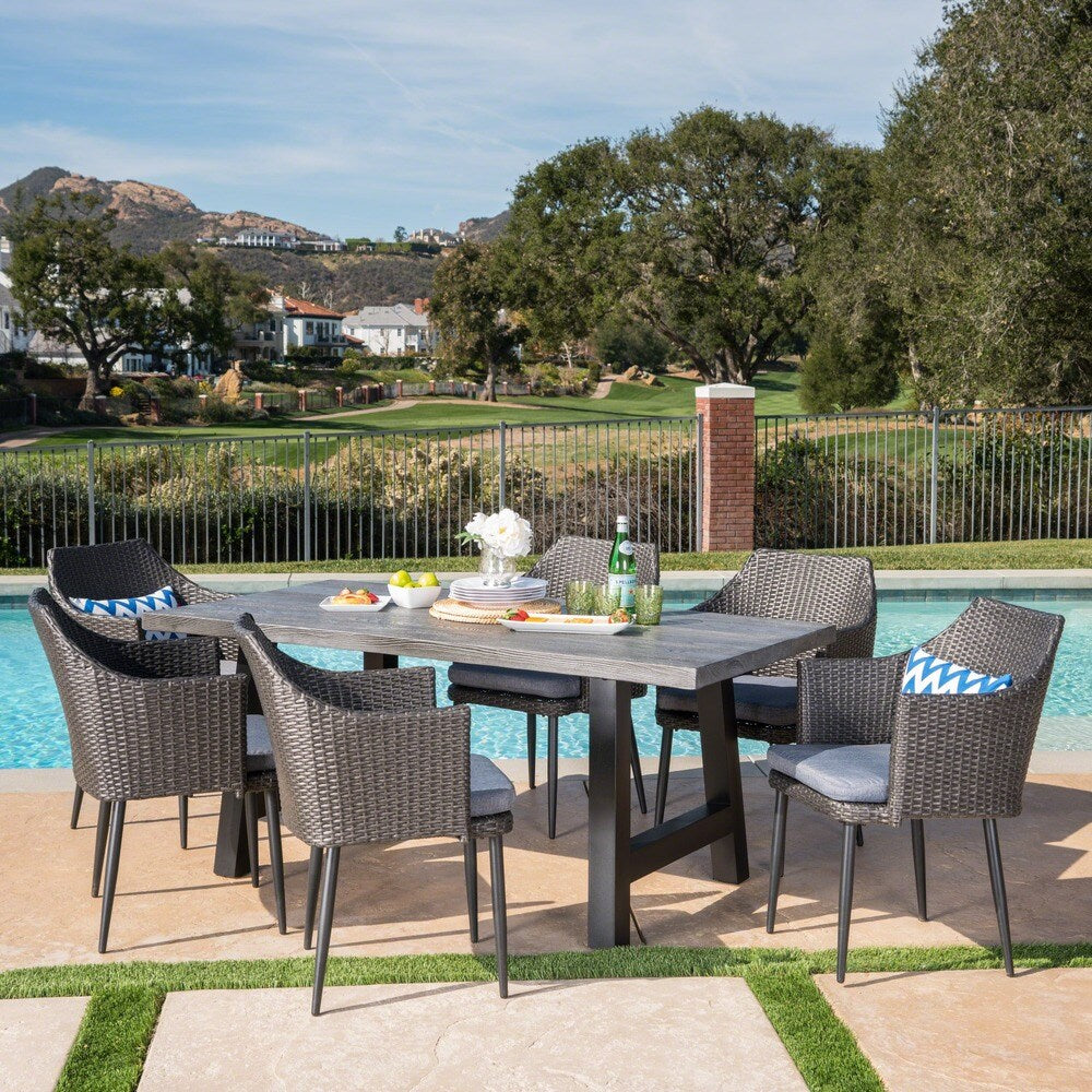 Atina Outdoor Rectangle Light-Weight Concrete Wicker Dining Set with Cushions by Christopher Knight Home