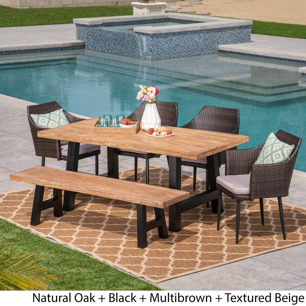 Atina Outdoor Rectangle Light-Weight Concrete Wicker Dining Set with Cushions by Christopher Knight Home