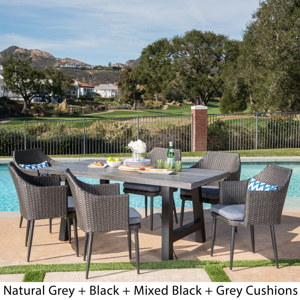 Atina Outdoor Rectangle Light-Weight Concrete Wicker Dining Set with Cushions by Christopher Knight Home