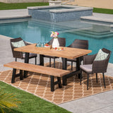 Atina Outdoor Rectangle Light-Weight Concrete Wicker Dining Set with Cushions by Christopher Knight Home