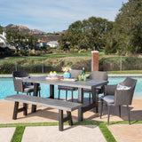 Atina Outdoor Rectangle Light-Weight Concrete Wicker Dining Set with Cushions by Christopher Knight Home