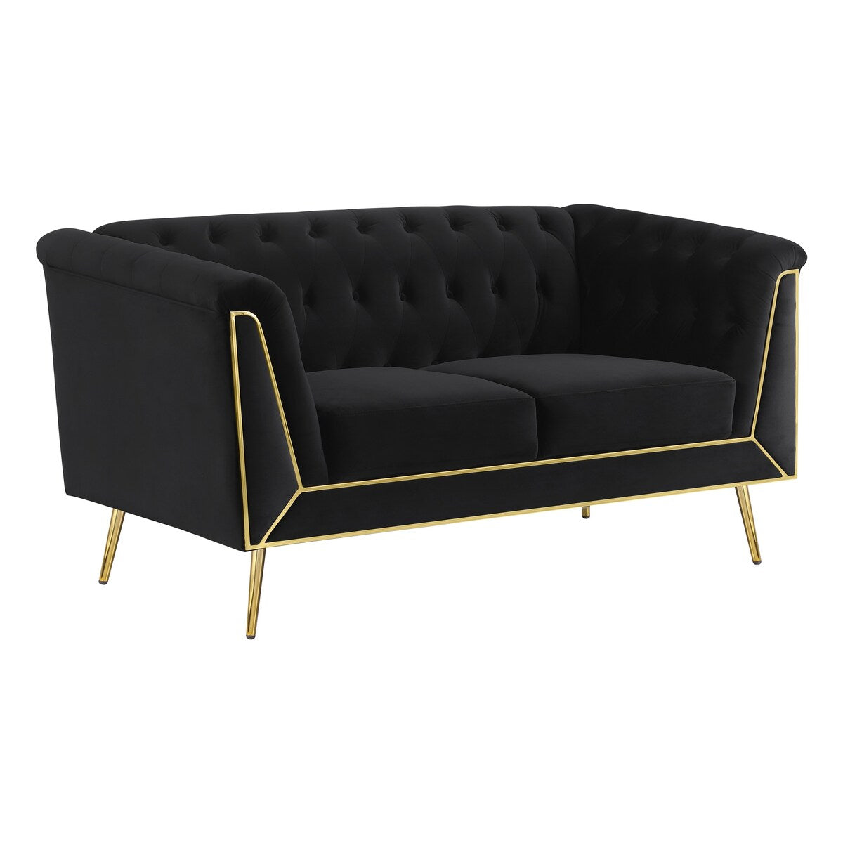 Ato 61 Inch Chesterfield Loveseat, Gold Metal Trim, Black Velvet Upholstery