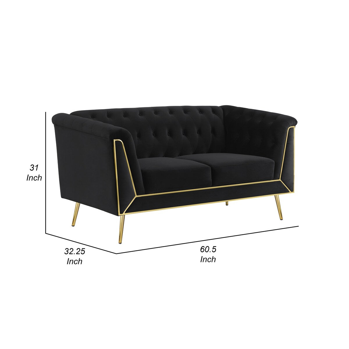 Ato 61 Inch Chesterfield Loveseat, Gold Metal Trim, Black Velvet Upholstery
