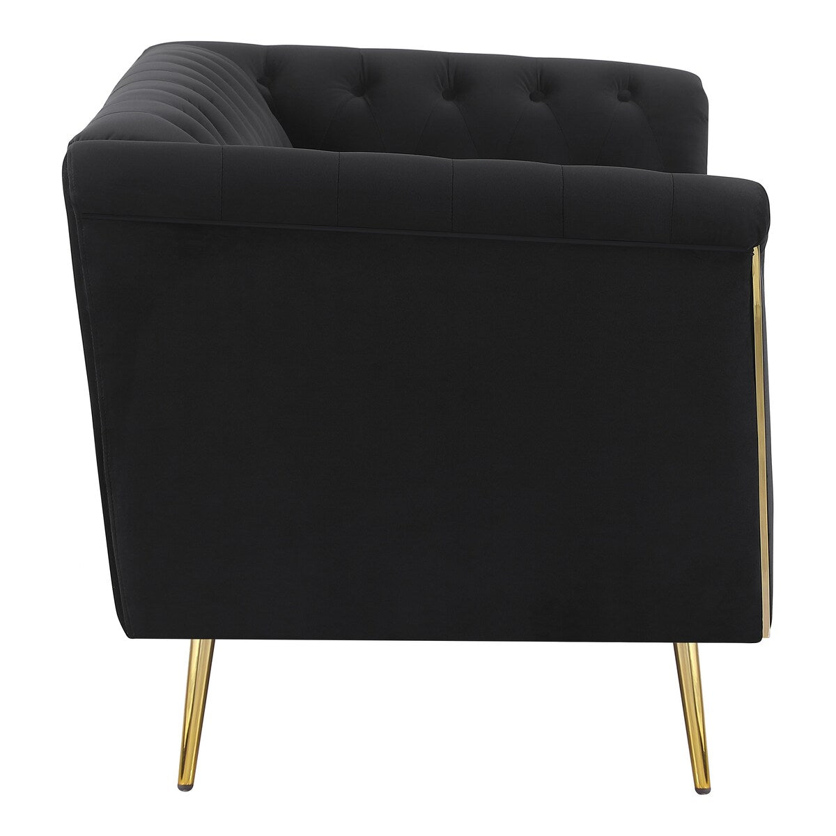 Ato 61 Inch Chesterfield Loveseat, Gold Metal Trim, Black Velvet Upholstery
