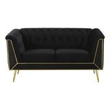 Ato 61 Inch Chesterfield Loveseat, Gold Metal Trim, Black Velvet Upholstery