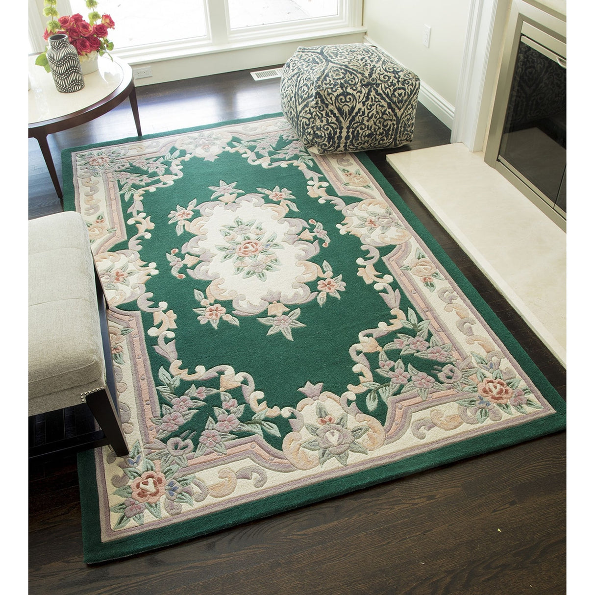 Aubusson Emerald Green Hand-Tufted Carved Wool Area Rug Round Runner