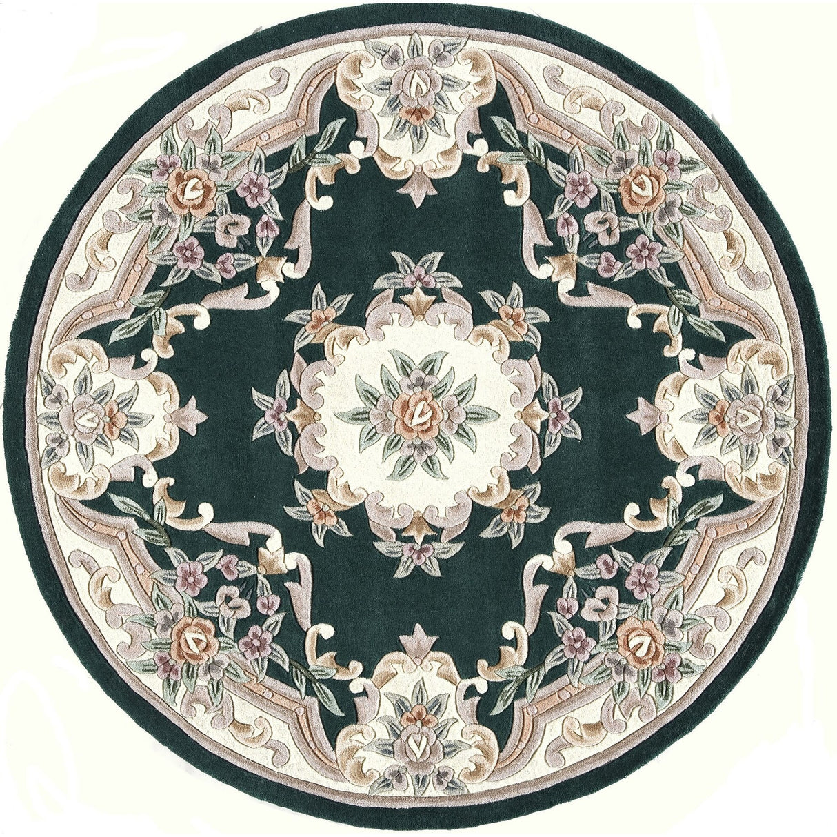 Aubusson Emerald Green Hand-Tufted Carved Wool Area Rug Round Runner