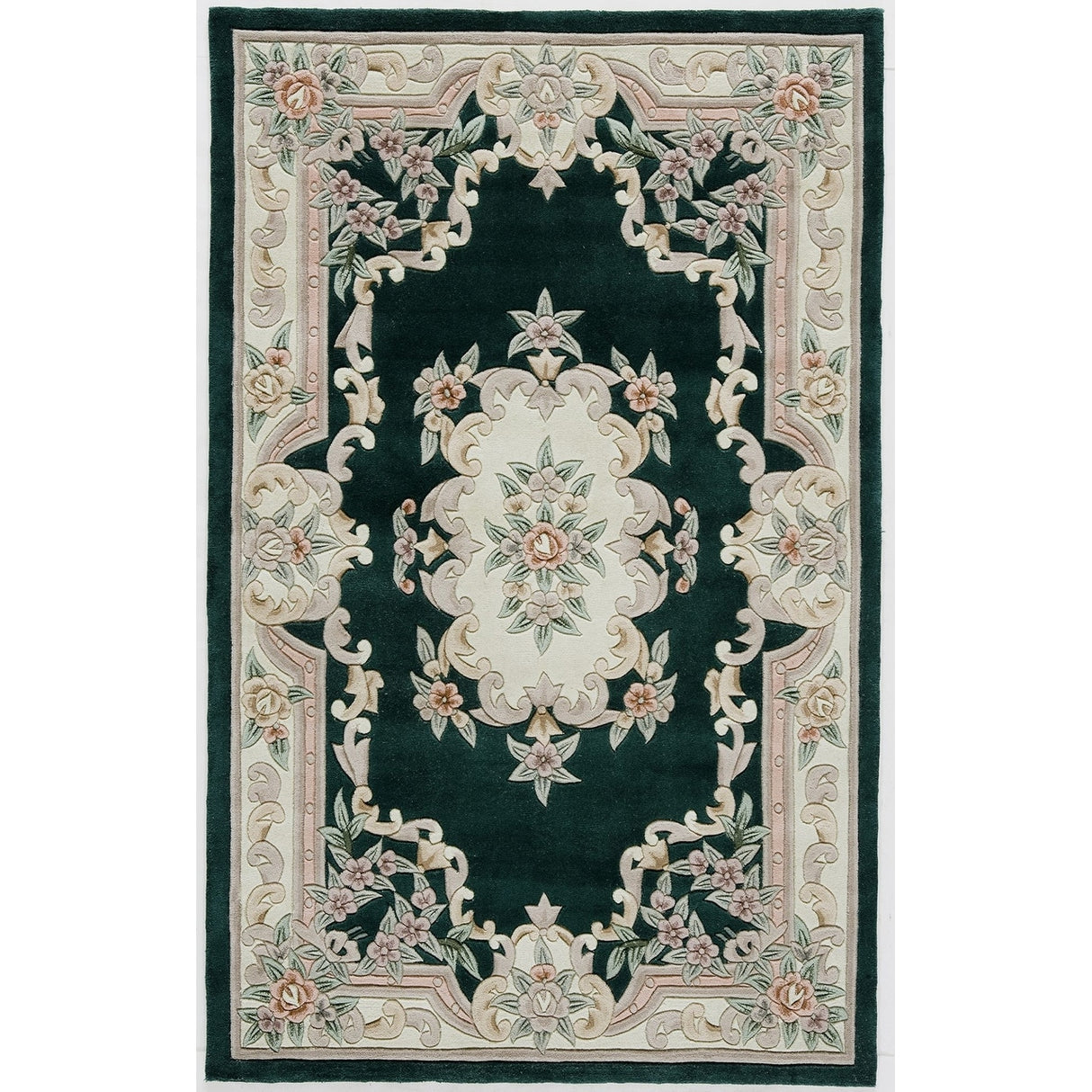 Aubusson Emerald Green Hand-Tufted Carved Wool Area Rug Round Runner