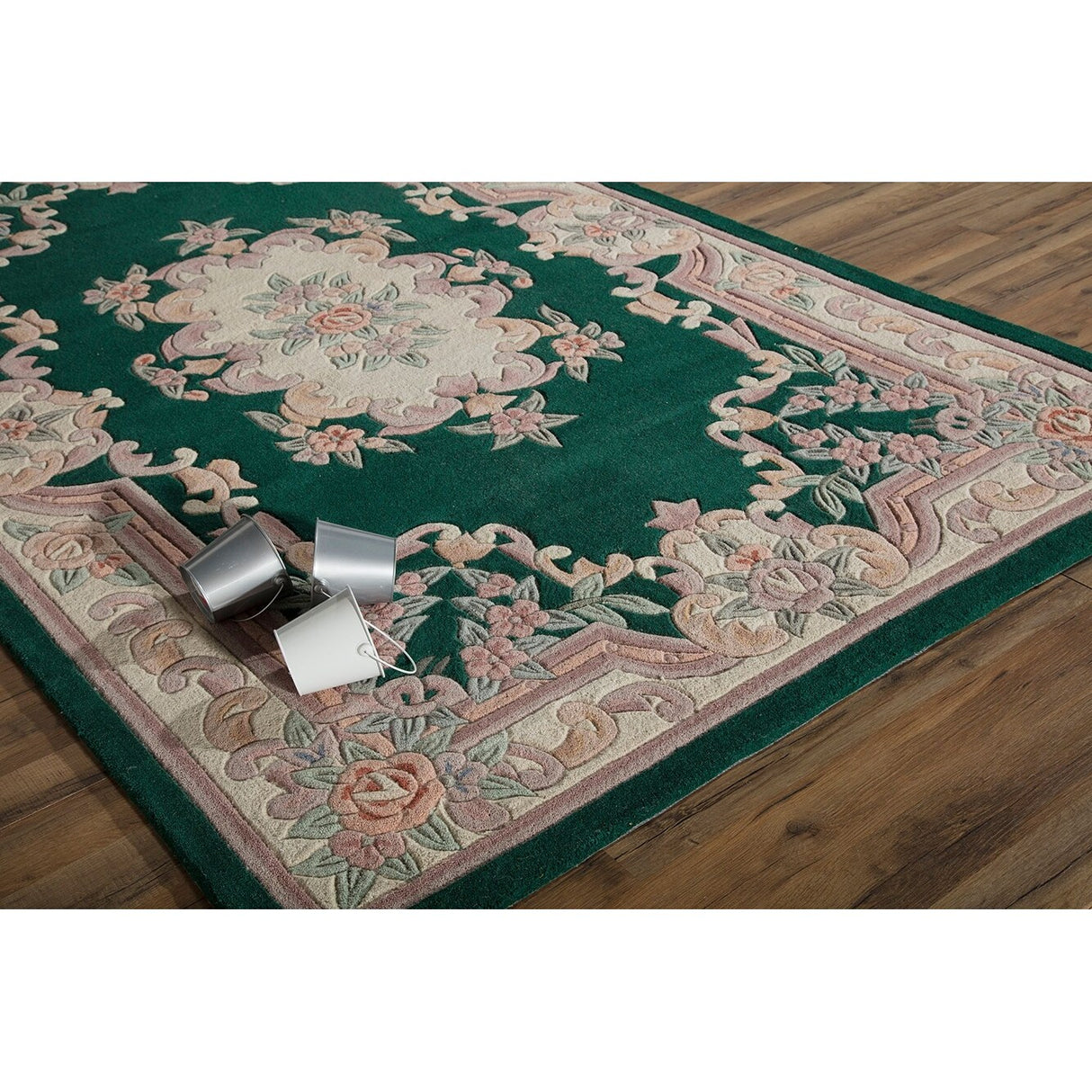 Aubusson Emerald Green Hand-Tufted Carved Wool Area Rug Round Runner