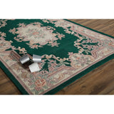 Aubusson Emerald Green Hand-Tufted Carved Wool Area Rug Round Runner