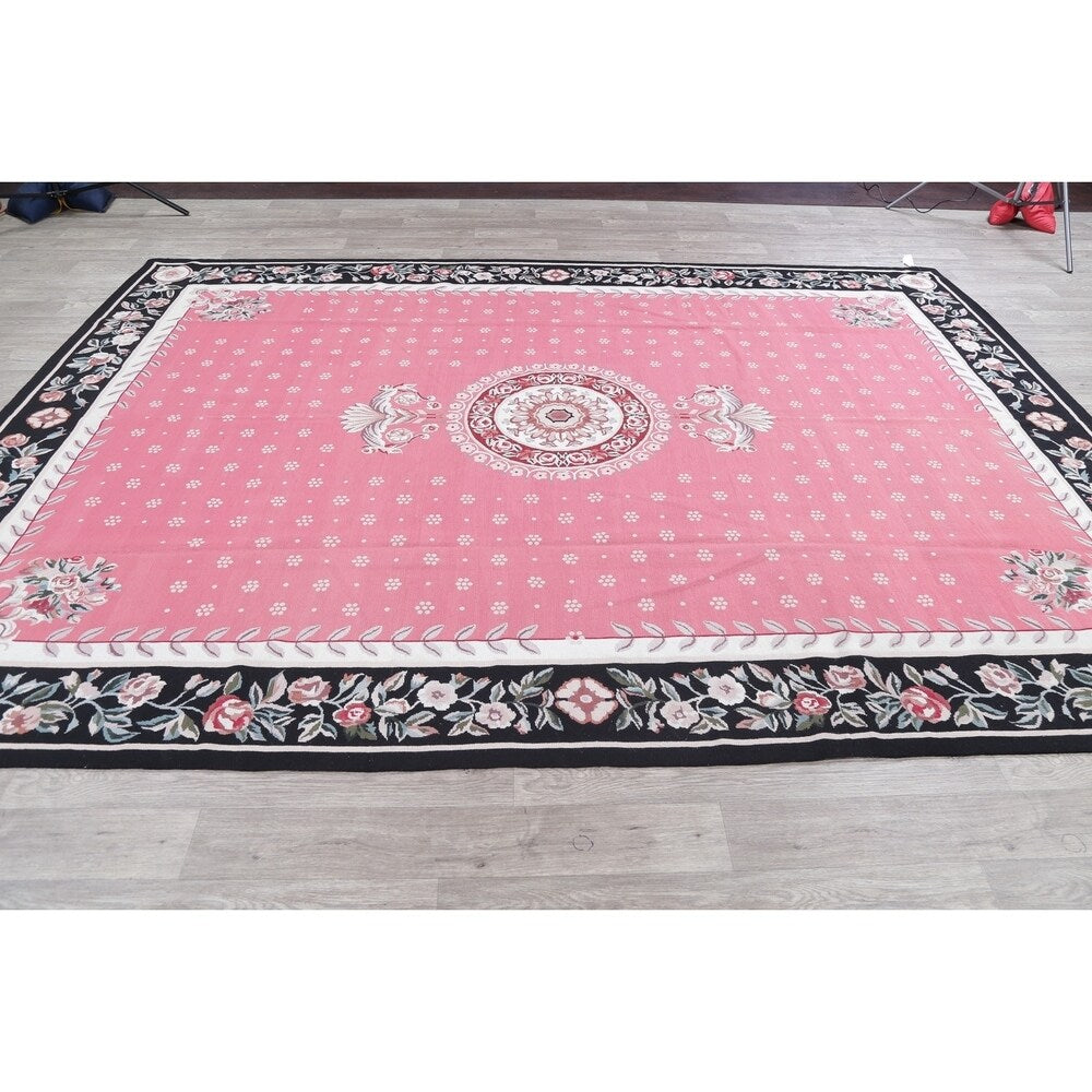 Aubusson Floral Transitional Hand-Woven Wool Chinese Oriental Area Rug - 12'0" x 8'7"