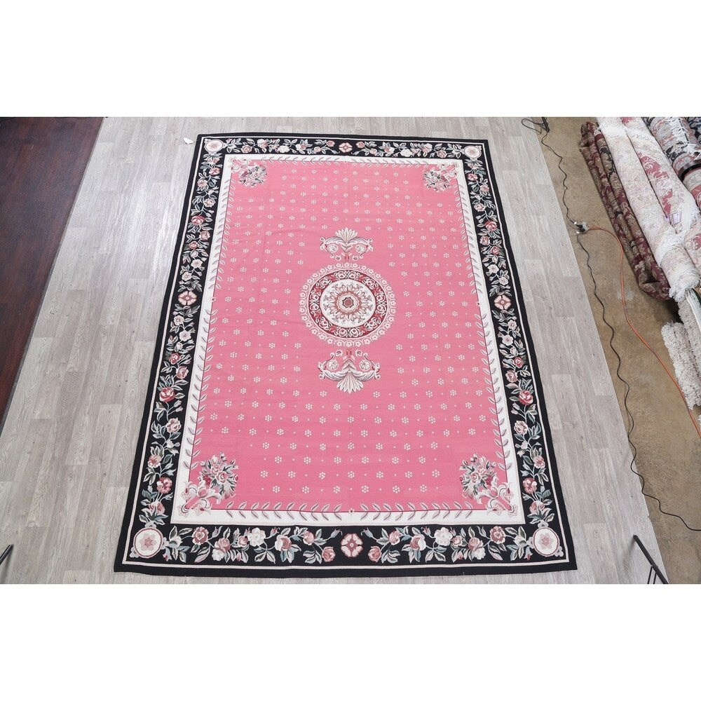 Aubusson Floral Transitional Hand-Woven Wool Chinese Oriental Area Rug - 12'0" x 8'7"