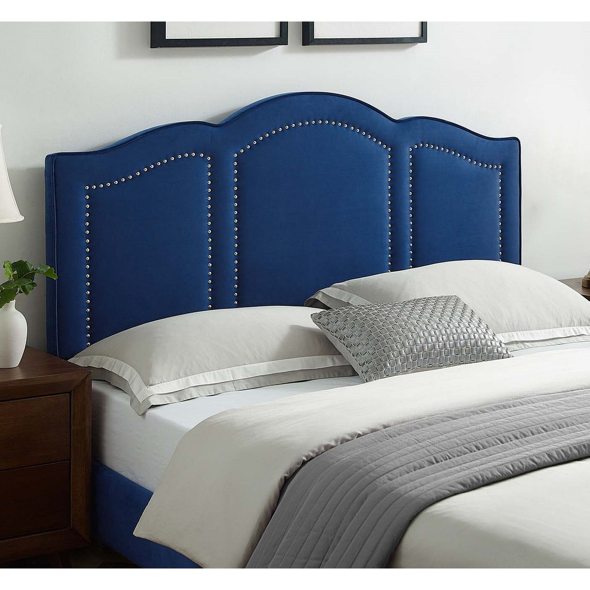 Augusta Blue Velvet Upholstered King/California King Size Headboard with Nailhead Trim