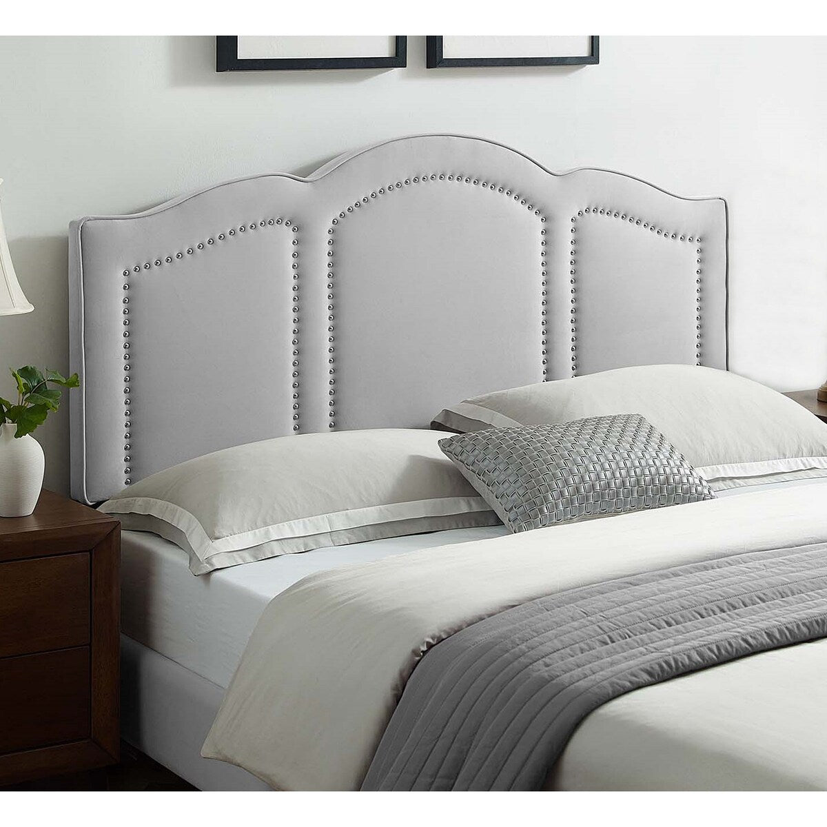 Augusta Light Grey Velvet Upholstered Full/Queen Size Headboard with Nailhead Trim