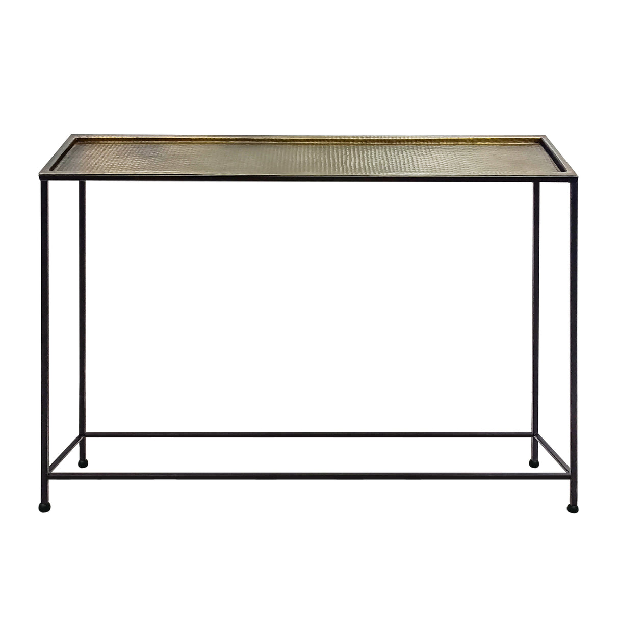 Aurelia 48 Inch Console Sofa Table, Artisanal Hammered Antique Bronze Tray Top, Industrial Black Iron Frame