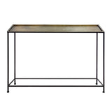 Aurelia 48 Inch Console Sofa Table, Artisanal Hammered Antique Bronze Tray Top, Industrial Black Iron Frame