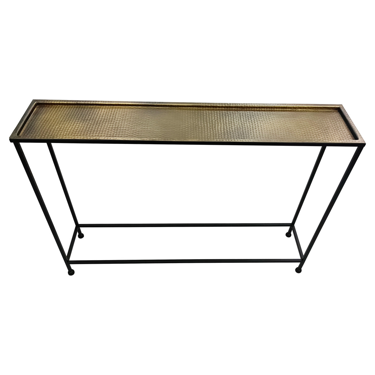 Aurelia 48 Inch Console Sofa Table, Artisanal Hammered Antique Bronze Tray Top, Industrial Black Iron Frame