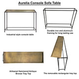 Aurelia 48 Inch Console Sofa Table, Artisanal Hammered Antique Bronze Tray Top, Industrial Black Iron Frame