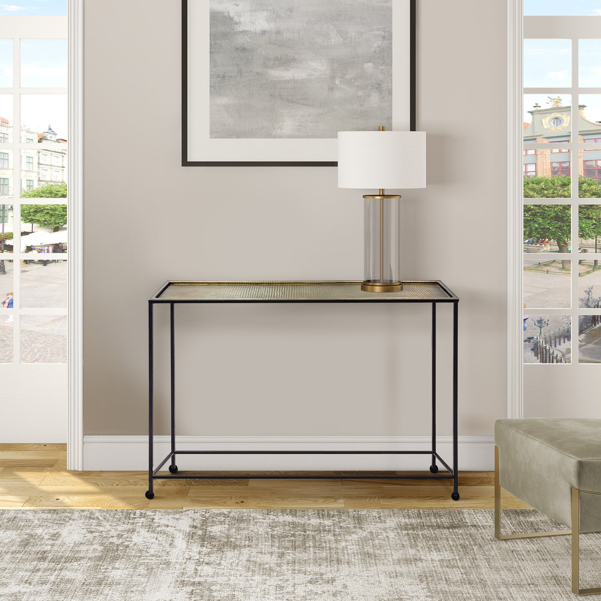 Aurelia 48 Inch Console Sofa Table, Artisanal Hammered Antique Bronze Tray Top, Industrial Black Iron Frame