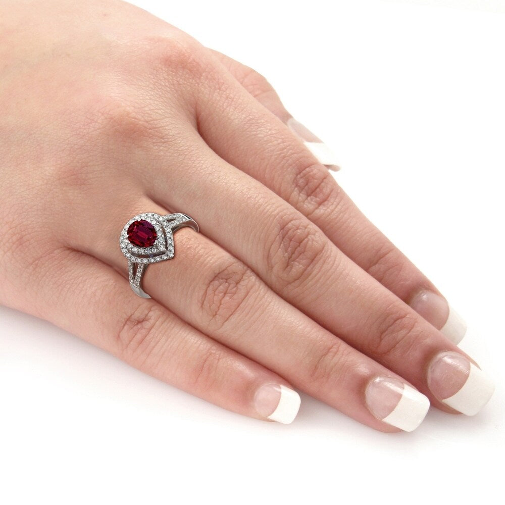 Auriya 1 1/3ct Pear-cut Red Ruby and Halo Diamond Ring 5/8ctw 18K Gold