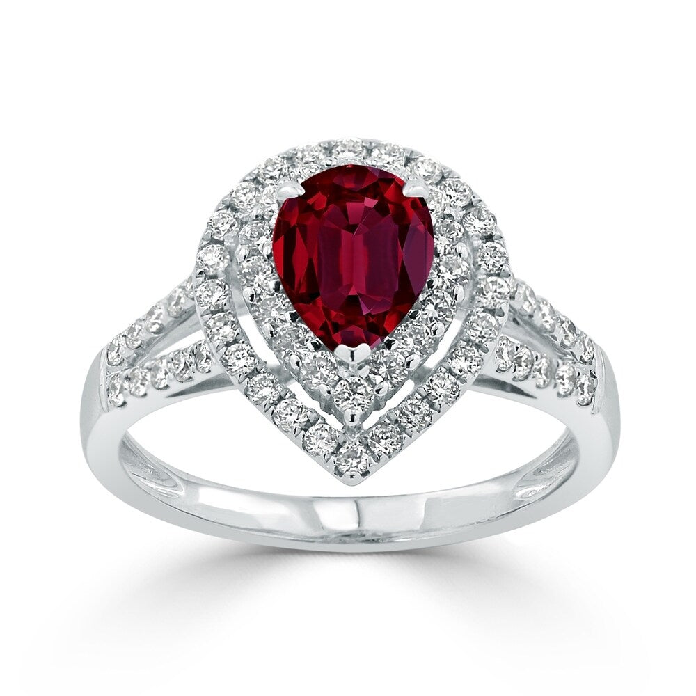Auriya 1 1/3ct Pear-cut Red Ruby and Halo Diamond Ring 5/8ctw 18K Gold