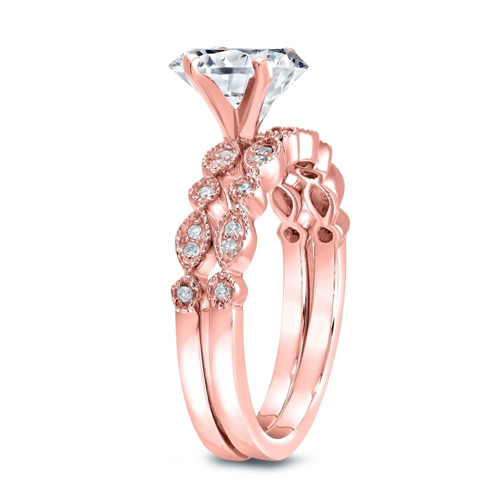 Auriya Stackable Vintage 3ct Round Moissanite Engagement Ring Set with Diamond Accents 14K Gold