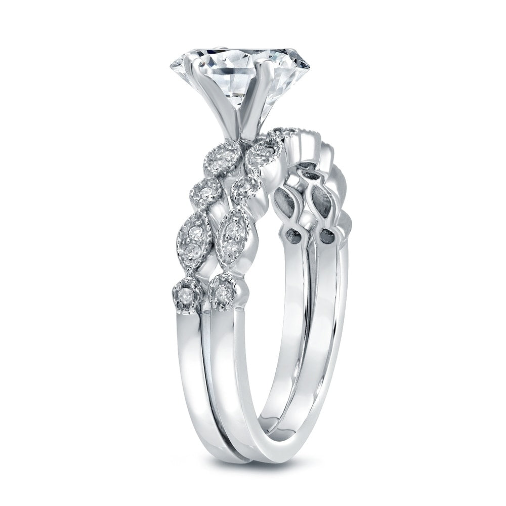 Auriya Stackable Vintage 3ct Round Moissanite Engagement Ring Set with Diamond Accents 14K Gold
