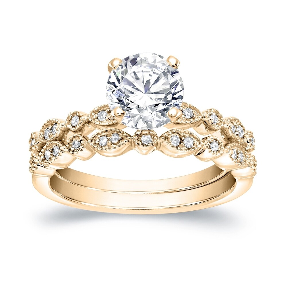 Auriya Stackable Vintage 3ct Round Moissanite Engagement Ring Set with Diamond Accents 14K Gold