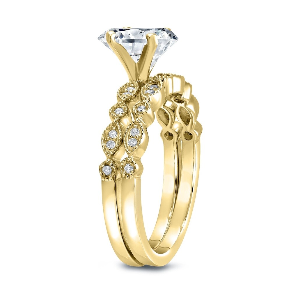 Auriya Stackable Vintage 3ct Round Moissanite Engagement Ring Set with Diamond Accents 14K Gold