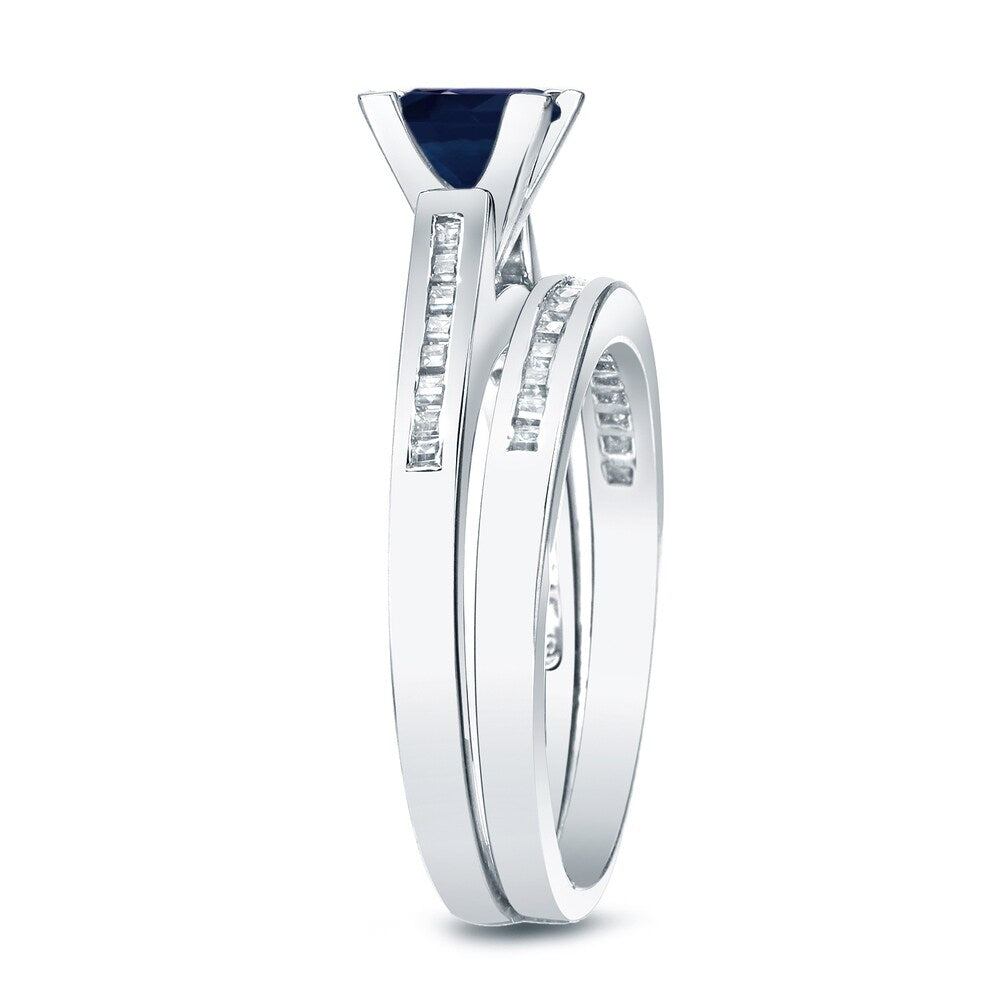 Auriya 14k Gold 4/5 carat Princess-cut Blue Sapphire and 3/4ct TDW Diamond Engagement Ring Bridal Set