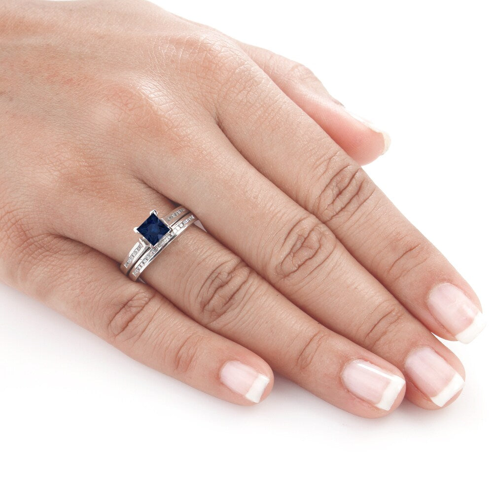 Auriya 14k Gold 4/5 carat Princess-cut Blue Sapphire and 3/4ct TDW Diamond Engagement Ring Bridal Set