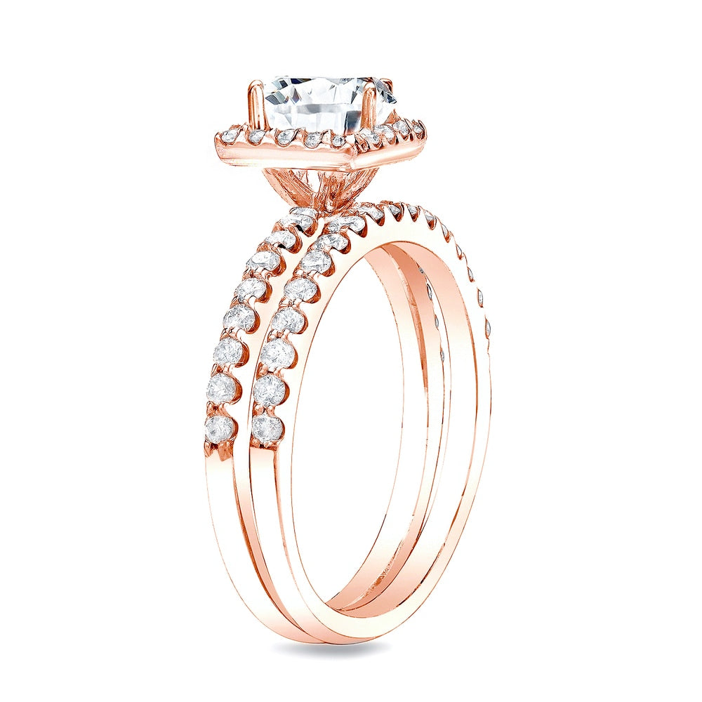 Auriya 14k Rose Gold 1 1/4ctw Princess-cut Diamond Halo Engagement Ring Set
