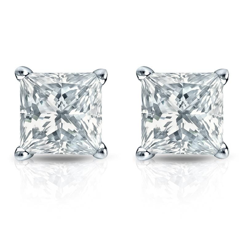 Auriya Plat Gold Lab Grown 2.00 carat TDW Princess Diamond Stud Earrings 4-Prong Basket Push-back