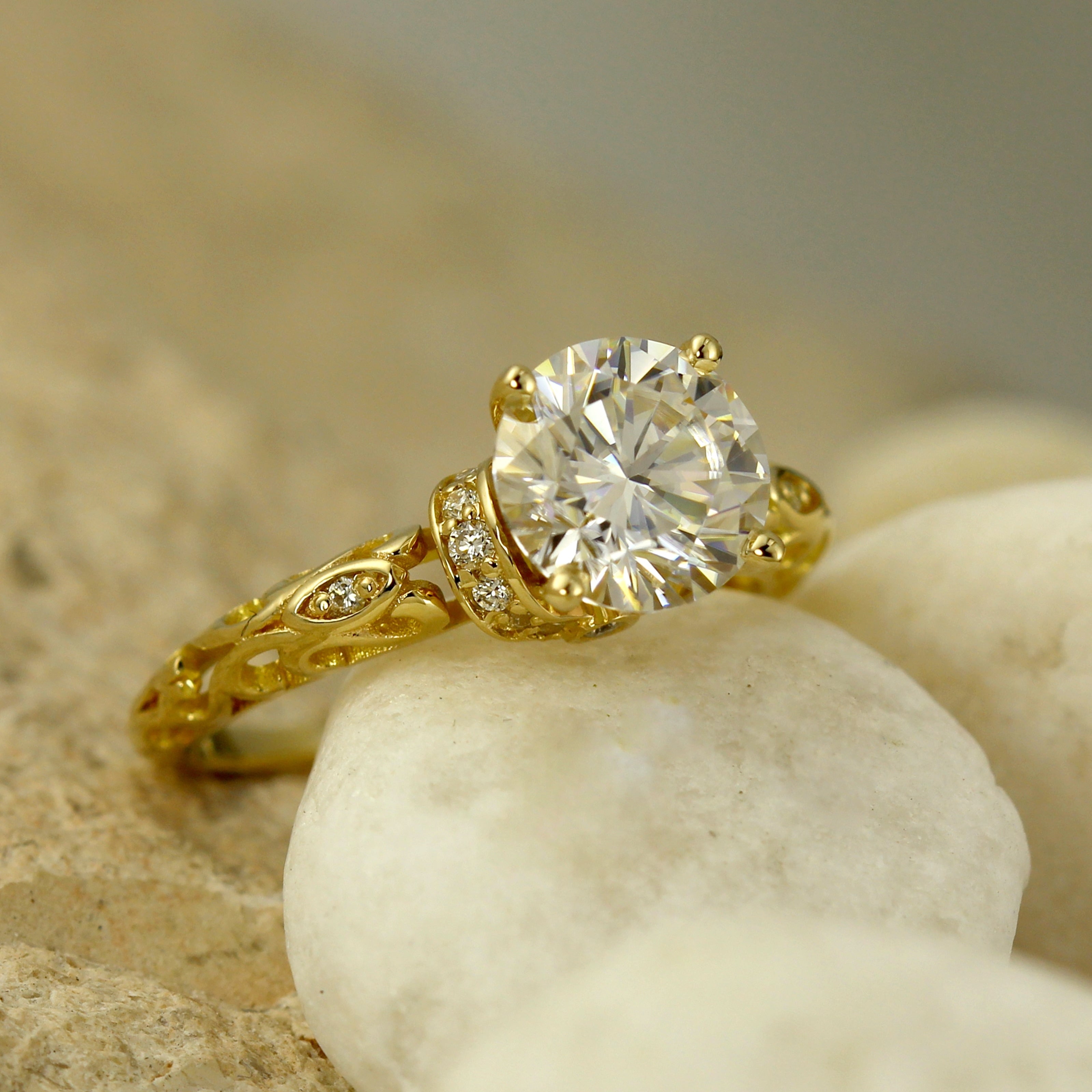 Auriya 14k Gold 2 carat Vintage Moissanite and Diamond Engagement Ring 1/8ctw