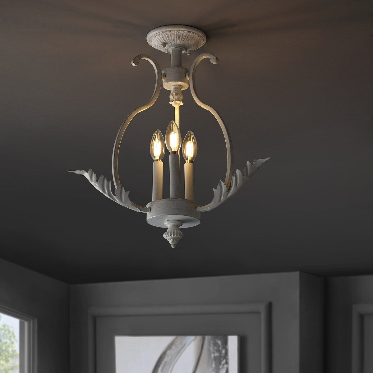 Austen 12.2" Metal LED Semi-Flush Mount, Antique White by JONATHAN Y