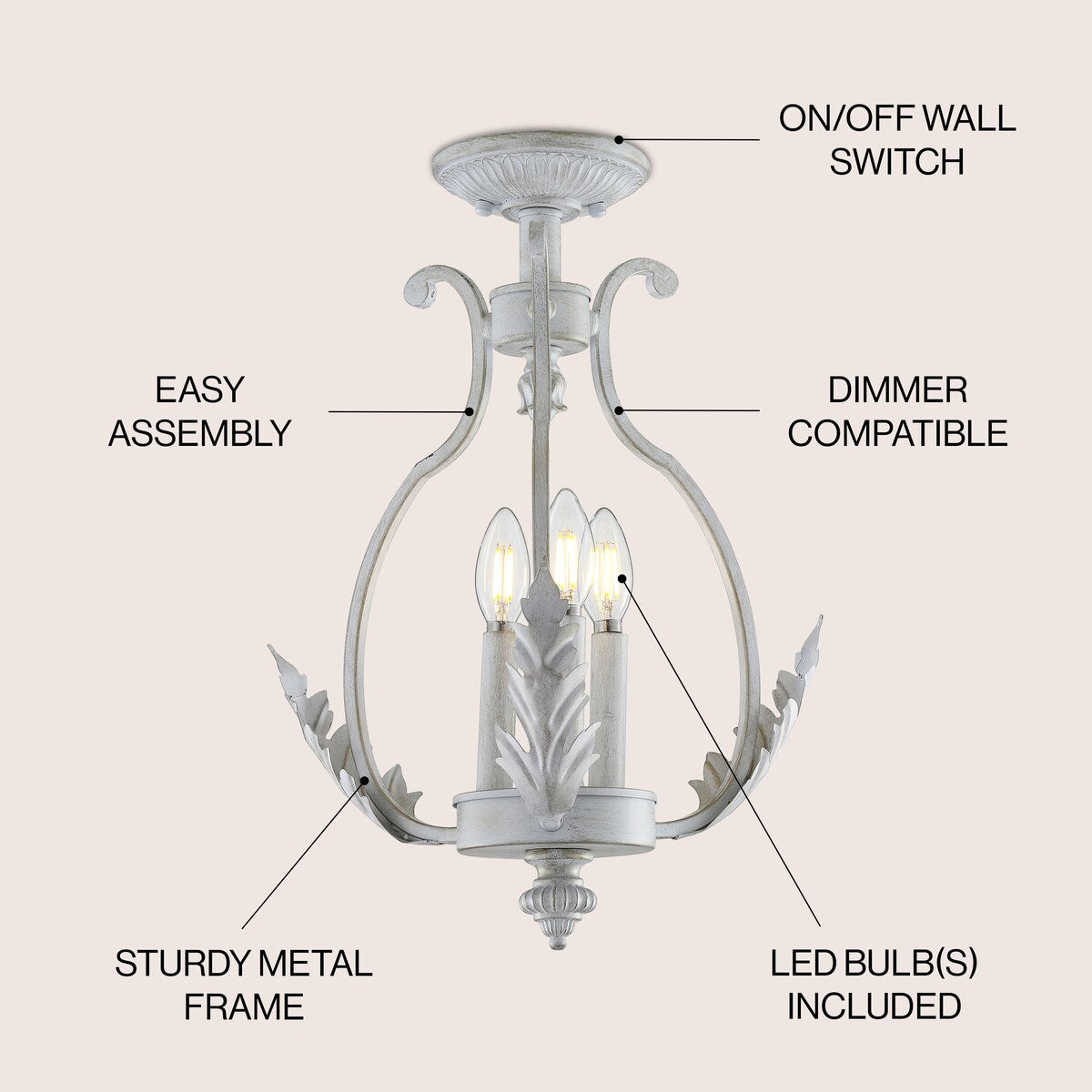Austen 12.2" Metal LED Semi-Flush Mount, Antique White by JONATHAN Y