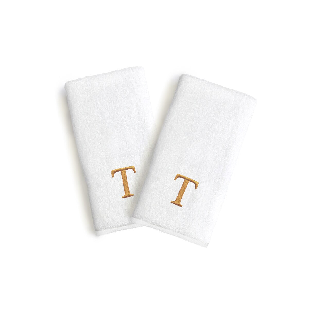 Authentic Hotel and Spa 2-piece White Turkish Cotton Hand Towels with Gold Block Monogrammed Initial