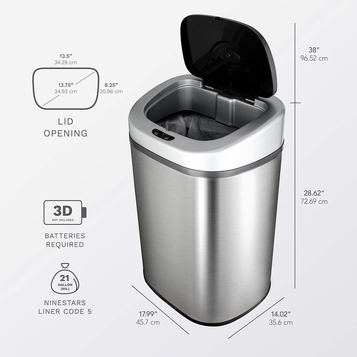 Automatic Touchless Infrared Motion Sensor Trash Can with Stainless Steel Base & Oval, Silver/Black Lid, 21 Gal