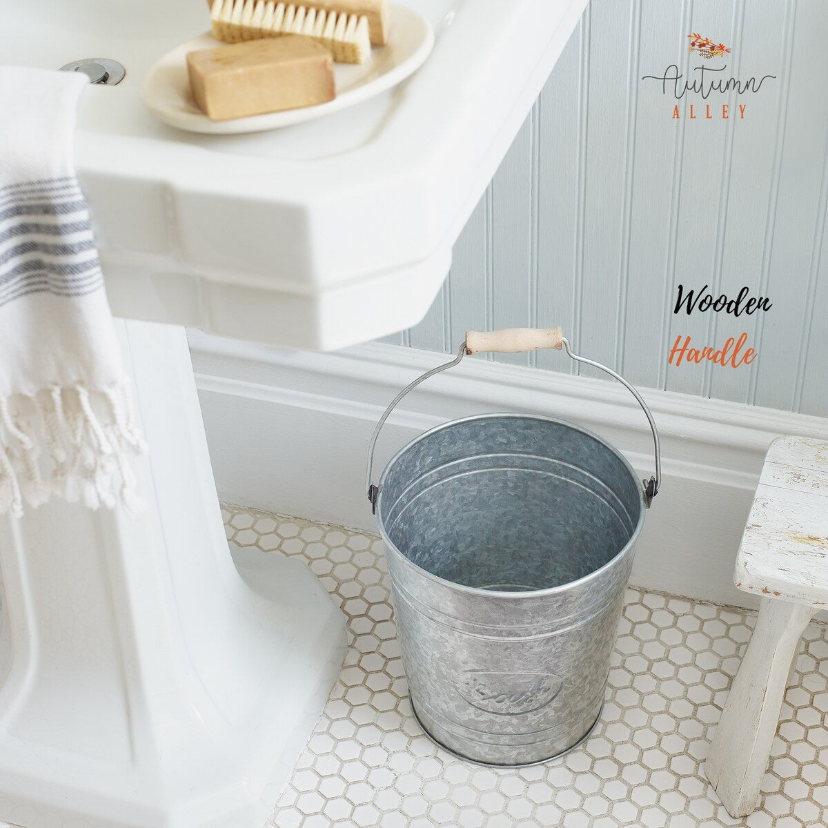 Autumn Alley Farmhouse Bathroom Trash Can Rustic Galvanized Trash Can Bucket with Wooden Handle for Rustic Bathroom 7 Liters