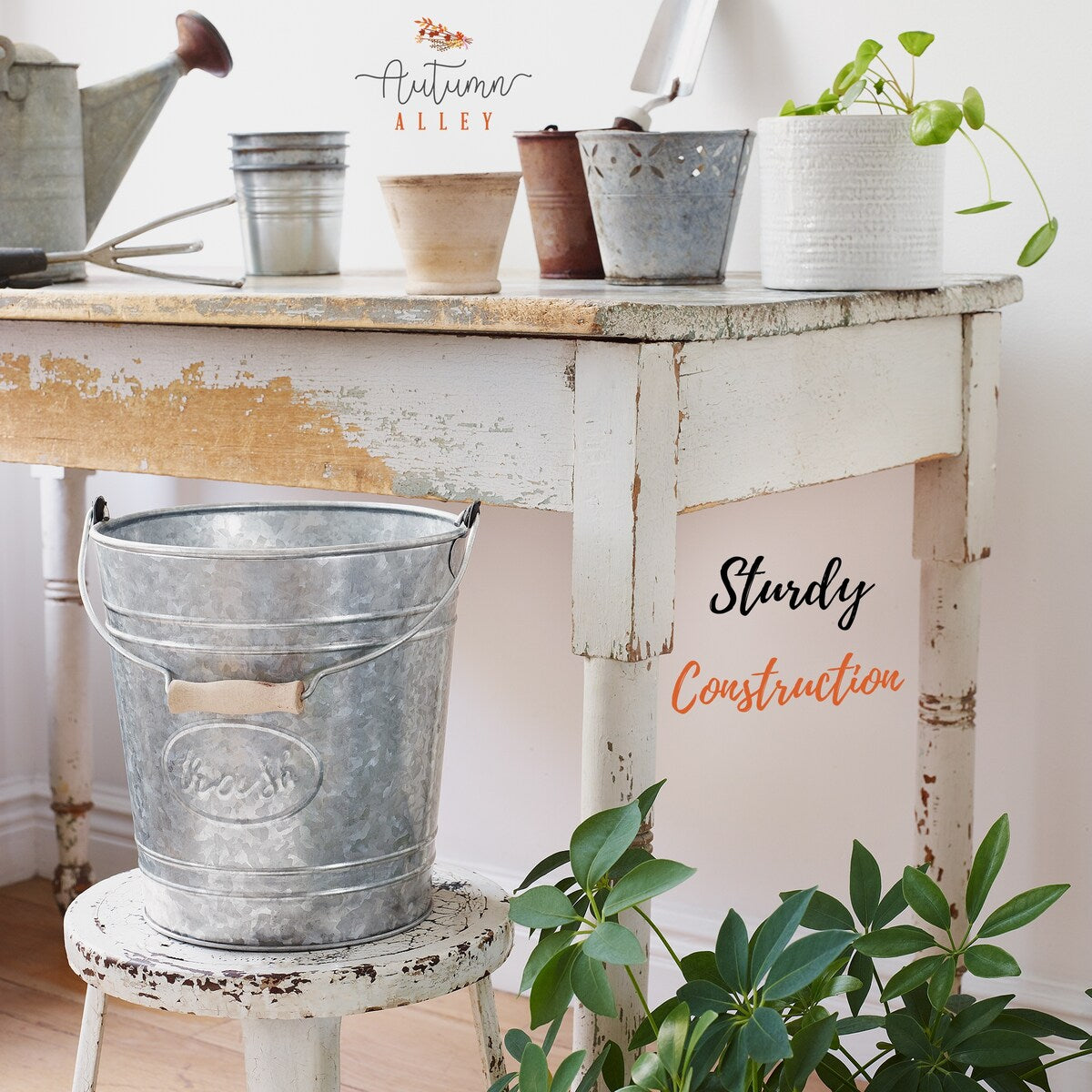 Autumn Alley Farmhouse Bathroom Trash Can Rustic Galvanized Trash Can Bucket with Wooden Handle for Rustic Bathroom 7 Liters