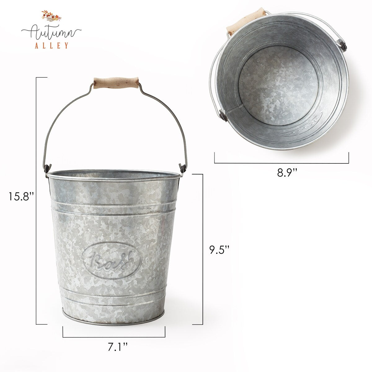 Autumn Alley Farmhouse Bathroom Trash Can Rustic Galvanized Trash Can Bucket with Wooden Handle for Rustic Bathroom 7 Liters