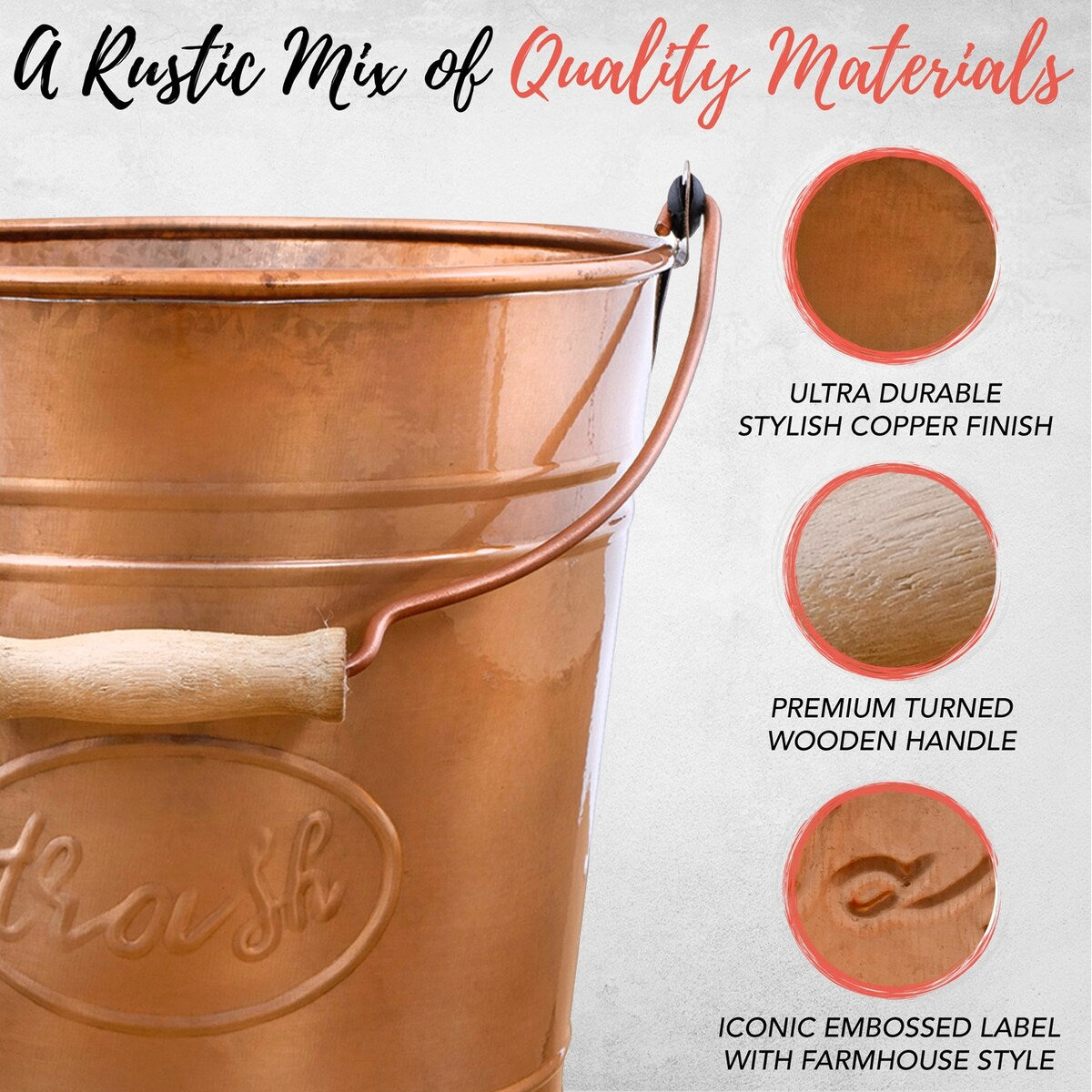 Autumn Alley Farmhouse Bathroom Trash Can Rustic Galvanized Trash Can Bucket with Wooden Handle for Rustic Bathroom 7 Liters