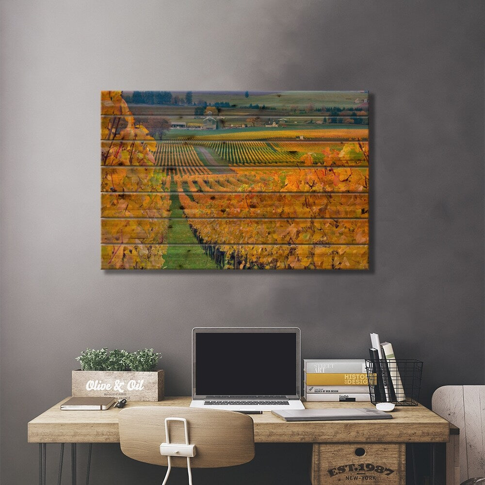 Autumn Vineyard Landscape, Stoller Family Estate, Yamhill County, Oregon, USA Print On Wood by Janis Miglavs - Multi-Color