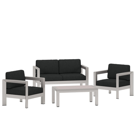 Aviara Outdoor 4-Seater Aluminum Chat Set with Tempered Glass-Topped Coffee Table by Christopher Knight Home