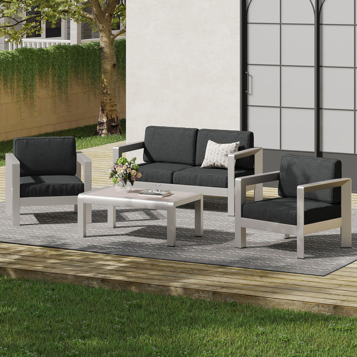 Aviara Outdoor 4-Seater Aluminum Chat Set with Tempered Glass-Topped Coffee Table by Christopher Knight Home