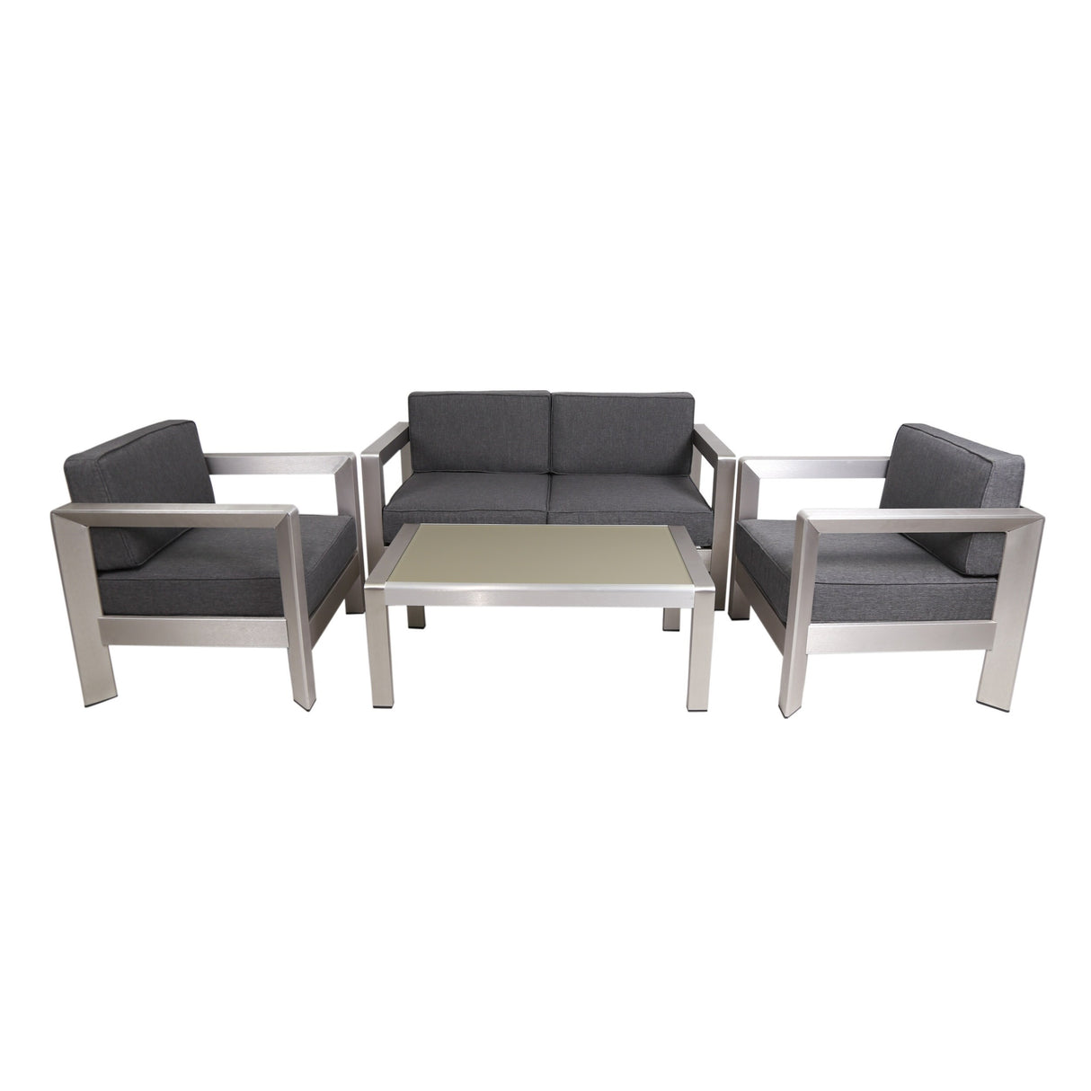 Aviara Outdoor 4-Seater Aluminum Chat Set with Tempered Glass-Topped Coffee Table by Christopher Knight Home